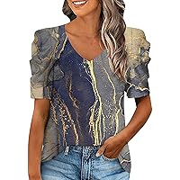 XJYIOEWT Sparkle Tops for Women Womens Casual Quicksand Gold Printing Tops V Neck Short Sleeve Ruched T Shirts Top Tee