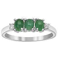 925 Sterling Silver Oval cab Emerald Gemstone Trio Stone Women Girl Ring