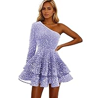 Sequin Homecoming Dresses for Teens One Shoulder Cocktail Dress with Sleeves Short Prom Gown