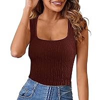 Womens Shirts Ribbed Knit Square Neck Tank Tops Stretched Trendy Basic Sleeveless Slim Fitted Pullover