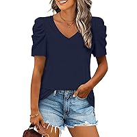 Anydeer Women Puff Sleeve Summer Tunic Top Casual T-Shirts Fashion V-Neck Pullover Loose Blouse