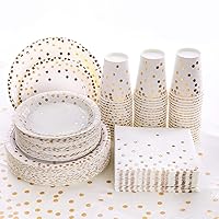 201PCS Disposable Paper Plates Gold Party Supplies, Golden Polka Dots Birthday and Baptism Decorations, include Plates and Cups, Napkins, Plastic Tablecloth, for Baby Shower Wedding