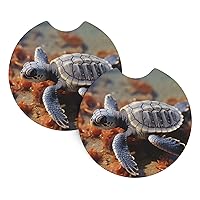 Cut Baby Sea Turtle Print Car Cup Holder Coaster 2 Pcs Car Coasters with A Finger Notch Absorbent Rubber Car Coffee Cup Pad Universal Auto Anti Slip Car Cup Mat 2.7