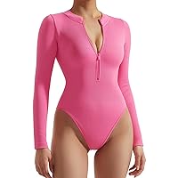 Women Ribbed Seamless Bodysuit Sexy Zip up Front Long Sleeve Bodysuits Top