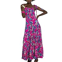Womens 2024 Summer Maxi Dresses Pink Floral Square Neck Ruffle Tie Straps Casual Beach Cruise Vacation Wear