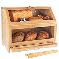 Double Layer Bamboo Bread Box for Kitchen Countertop, Cutting Board, and Stainless Steel Bread Knife, Large Capacity Storage Container with Clear Windows (Self-Assembly)
