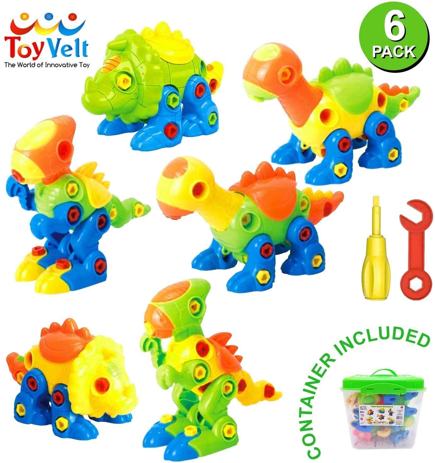 ToyVelt Dinosaur Take Apart Stem Toys for Boys & Girls Age 3 - 12 Years Old - (218 Pieces) Pack of 6 Dinosaurs, with 12 Tools and a Useful Toy Storage Container