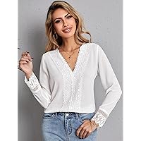 Womens Summer Tops Guipure Lace Panel Blouse (Color : White, Size : X-Small)