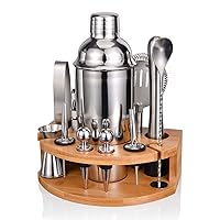 Bartender Kit with Stylish Bamboo Stand, 12 Piece 25oz Cocktail Shaker Set for Mixed Drink, Professional Stainless Steel Bar Tool Set, Gift for Man Dad- Cocktail Recipes Booklet