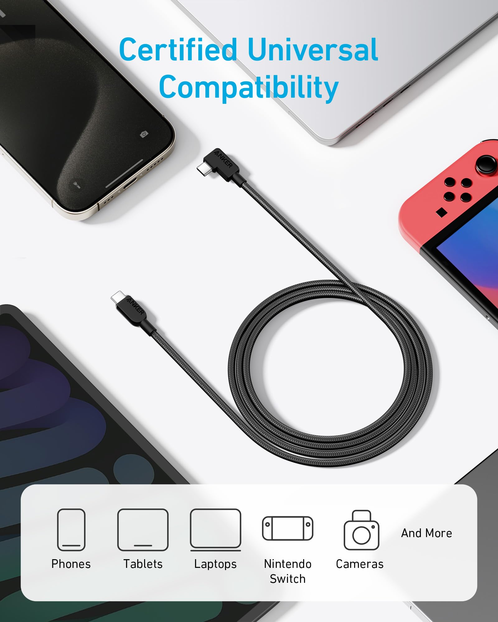 Anker USB C Cable Right Angle, 240W 2-Pack 6 ft USB C to USB C Cable, 90 Degree Type C Braided Charging Cord, For iPhone 15, Samsung Galaxy S23, MacBook Pro 2020, iPad Pro, iPad Air 4, Pixel, and More