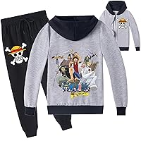 Boys Girls 2 Piece Outfits,Anime One Piece Long Sleeve Zip Up Jacket and Jogger Pants Set Loose Fit Tracksuit for Teen