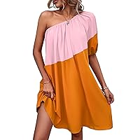 KIRUNDO Summer Dresses for Women 2024 Puff Sleeve One Shoulder Color Block Loose Fit Swing Short Dress