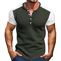 Mens Waffle Henley Shirt Classic Slim Fit Short Raglan Sleeve Casual Button Up Jersey Shirt Color Block T Shirts