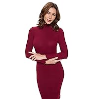 Women's Long Sleeve Midi Cocktail Bodycon Dress, Stretchy Ribbed Knit, High Neck