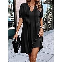 Dresses for Women Press Crease Detail Puff Sleeve Dress (Color : Black, Size : Small)