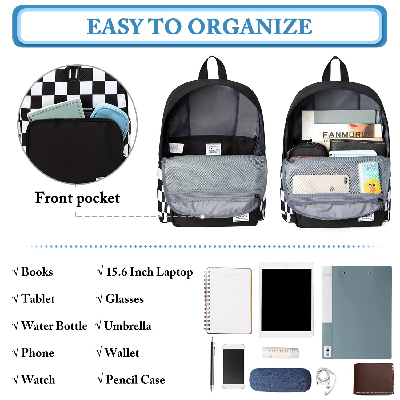 VASCHY School Backpack, Lightweight Travel Backpack for Men Women Schoolbag Bookbag for Kids Teen Boys Girls Black White Plaid
