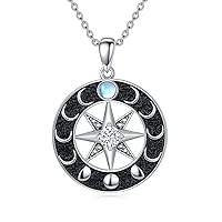 VONALA Moon Phase Compass Necklace, 925 Sterling Silver Moonstone Compass Pendant Necklace Compass Jewelry for Women/Men