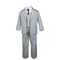 6pc Boys Gray Vest Set Tuxedo Suits with Satin Eggplant Necktie Baby Teen