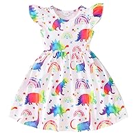 Girls Dress with Cardigan Cartoon Dinosaur Prints Summer Beach Sundress Party Dresses Princess Dress Rainbow Shirt Girls