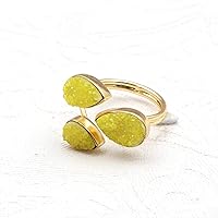 El Joyero Adjustable Rings Gold Plated Gemstone Natural Agate Druzy Triple Stone Pear Shape Handmade Rings Jewelry