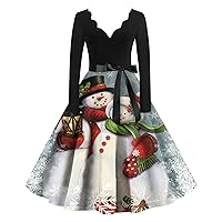 Christmas Dresses for Women,Plus Size Sexy V-Neck Retro Dresses Ugly Xmas Snowman Print Long Sleeve Party Dress 2023