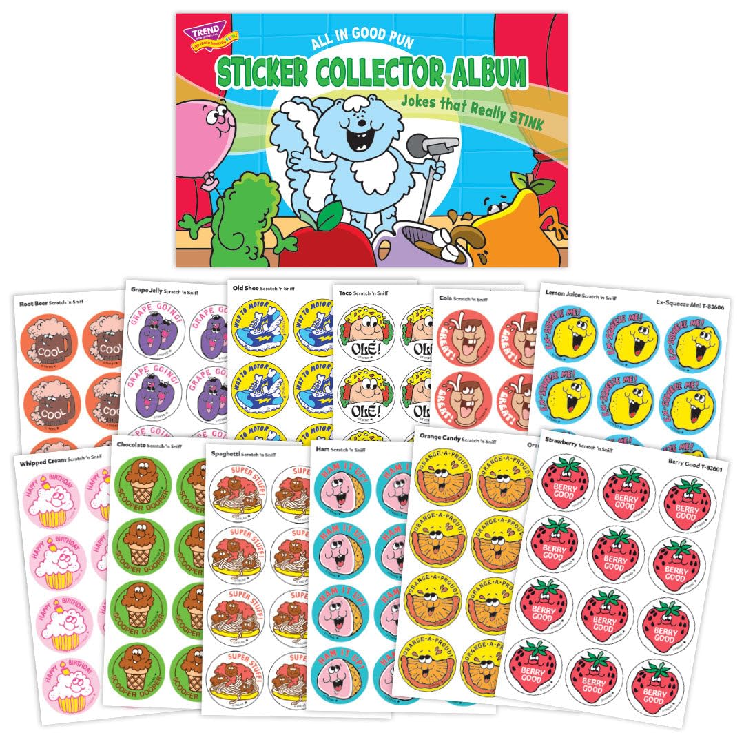 All in Good Pun Retro Scratch 'n Sniff Stinky Stickers and Album Combo Pack by Trend - 12 Sticker Packs, 1980s Authentic Designs!
