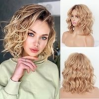 SCENTW Short Layered Ombre Blonde Wavy Bob Wigs for White Women Mid-length Blonde Curly Wig Synthetic Natural Looking Daily Party Wig