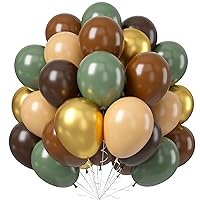 60 PCS Sage Green Dark Brown Beige Latex Balloons Set with Metallic Gold Balloons, Olive Green Gold Nude Coffee Party Balloon for Jungle Safari Woodland Birthday Decorations (Green)
