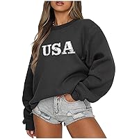 USA Sweatshirts for Women Letter Graphic Pullover Fleece Crewneck Shirts Winter Fall Tops Loose Fit Cropped Blouse