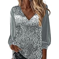 Women's Sequin Tops V-Neck Tunic Blouse 3/4 Length Lantern Sleeves Sparkly Tunic Tops Metallic Sparkly Glitter Party Tops