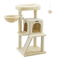 Feandrea Cat Tree, Small Cat Tower with Widened Perch for Large Cats Indoor, Kittens, 37.8-Inch Multi-Level Cat Condo with Scratching Posts and Ramp, 2-Door Cat Cave, Cat Basket, Beige UPCT51M