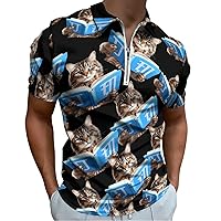 A Cat Reading Book Men's Zippered Polo Shirts Short Sleeve Golf T-Shirt Regular Fit Casual Tees