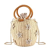 Flower Pearls Rattan Tote Bag Summer Beach Drawstring Straw Bucket Bag Diamonds Woven Handbag