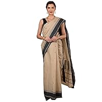 Taant Pure Cotton Beige Saree from West Bengal with Black Border and Bengali Motifs - Pure Cotton