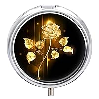 Round Pill Box Flaming Golden Rose Flower Portable Pill Case Medicine Organizer Vitamin Holder Container with 3 Compartments