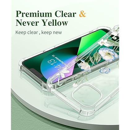 GVIEWIN Bundle - Compatible with iPhone 13 Case Clear Floral (Aquilegia/White) + Phone Ring Holder (Desert Dream/Green)