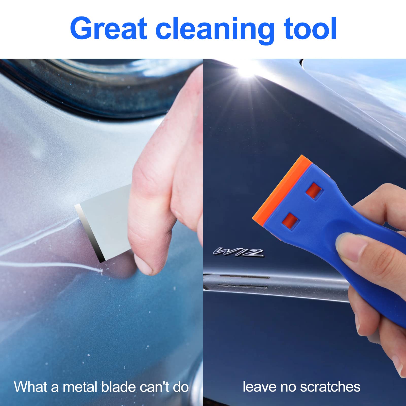 4 Pcs Plastic Razor Blade Scraper and 100 Pcs Blades, Remove Label Decal Tool， Forwithout Scratches Plastic Razor Blade Scraper, Adhesive Remover for Stickers, Gaskets and Paints on Window Car Glass