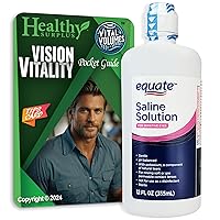 Equate Saline Solution 12 FL OZ Bottle and Vital Volumes Vision Vitality Tips Card - Bundle