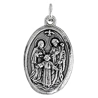 Sterling Silver Holy Family Medal Necklace Oxidized finish St Joseph Blessed Virgin Mary & Child Jesus Oval 1.8mm Chain