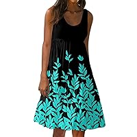 Womens Sundress Floral Dresses for Women 2024 Vintage Print Ruched Fashion Loose Fit with Sleeveless Round Neck Tunic Dress Cyan 3X-Large