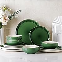 Ceramic Dinnerware Sets, 12 Pieces Emerald Green Stoneware Dinner Set, Plates and Bowls Sets, Dishwasher & Microwave Safe | Service for 4