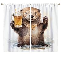 Cute Groundhog Blackout Curtains, Yellow Beer Drink Funny Wild Animal Window Drapes Home Decor Rod Pocket Curtain for Living Room Bedroom, 2 Panels, Each 36