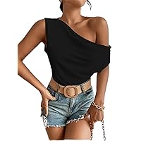 Women's Tops Shirts for Women Sexy Tops for Women Solid Asymmetrical Neck Top Tops (Color : Black, Size : Large)
