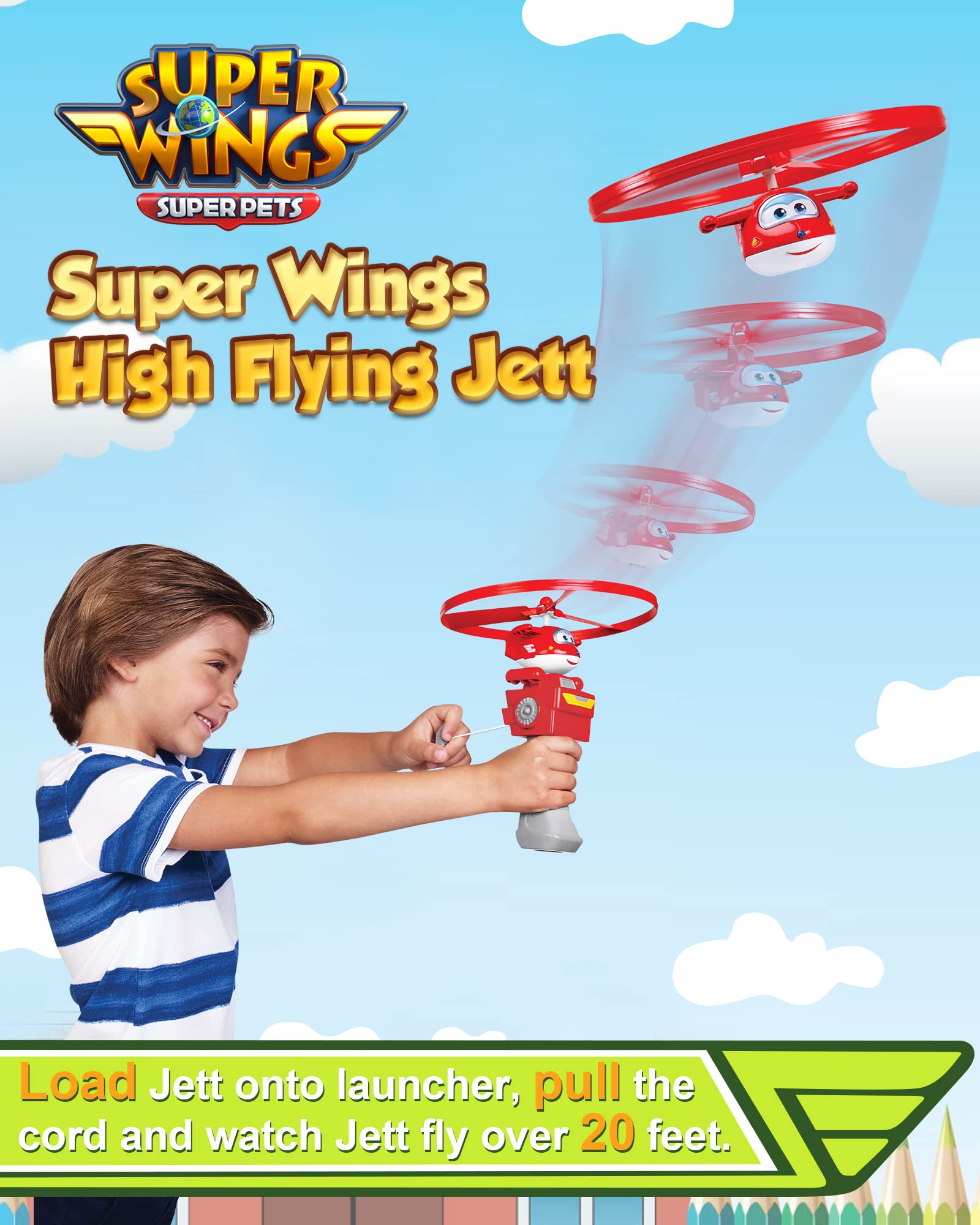 Super Wings High Flying Jett, Airplane Toy Figure & Launcher, Fly Over 20 Feet, Toys for 3+ Years Old Boys and Girls, Best Birthday Gifts for Kids