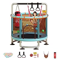 5FT Adjustable Round Trampoline Indoor Outdoor with Safety Enclosure Net for Toddlers & Kids,Noise-Free/Durable Steel Frame Mini Tranpoline with Basketball Hoop/Hanging Ring/Ocean Ball for Fun