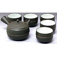 Tokoname Pottery Ceramic Kyusu Teaset: REIKOH - 1pot & 5yunomi cups w wooden box [Standard ship by EMS: with Tracking & Insurance]