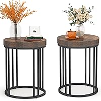 Round Side Table, End Table with Metal Frame, Small Wood Tables Tiny Coffee Accent Table Nightstand for Smaller Spaces, Living Room, Bedroom, Balcony (Brown, 2PCS)