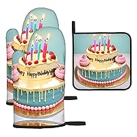 Happy Birthday Big Cake Oven Mitts and Pot Holders3 Pcs Set Heat Resistant Microwave Gloves Baking Cooking