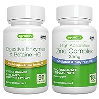 Advanced Digestive Enzymes & Betaine HCl + Zinc Complex 25mg Vegan Bundle, Digestive Aid with Chelated Zinc Picolinate & Bisglycinate, by Igennus