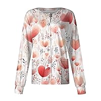 Plus Size Scrub Jacket for Women Long Sleeve Warm Up Snap Front Scrubs Floral Printed Nurses Working Uniforms